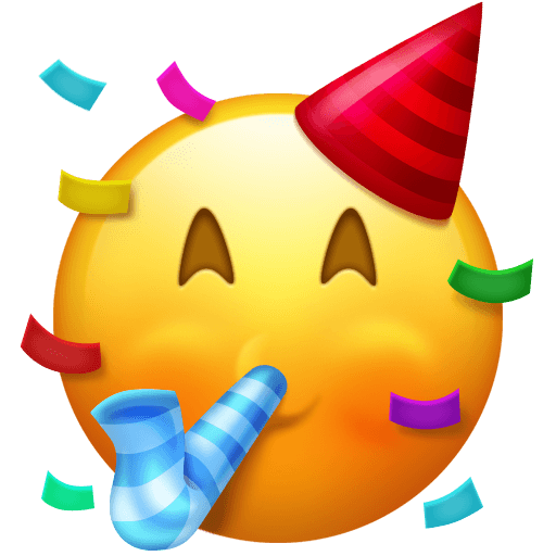 Copy a pic Face with Party Horn and Party Hat emotion by Emojipedia оn a transparent background in PNG